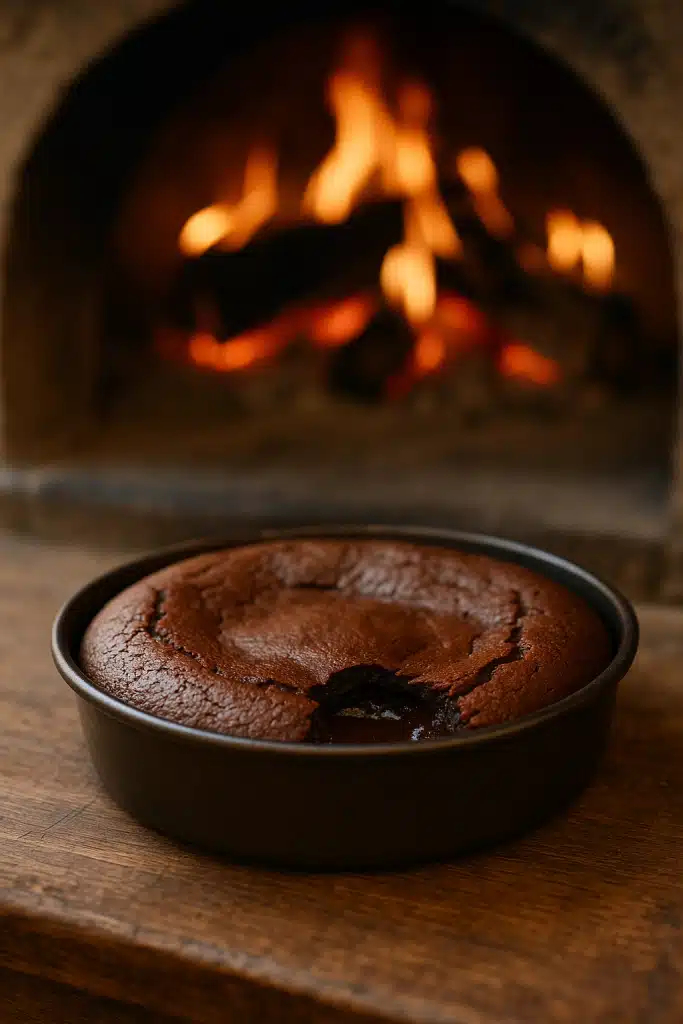 Delizioso fondente al cioccolato cotto sul fuoco a legna